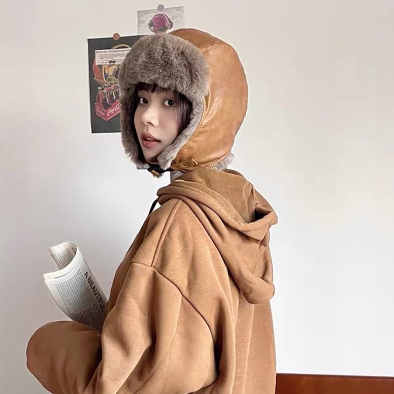 Winter Warm Faux Leather Aviator Hat With Fleece Lining Men Women Outdoor Skiing Cold Weather Ear Protection Cap