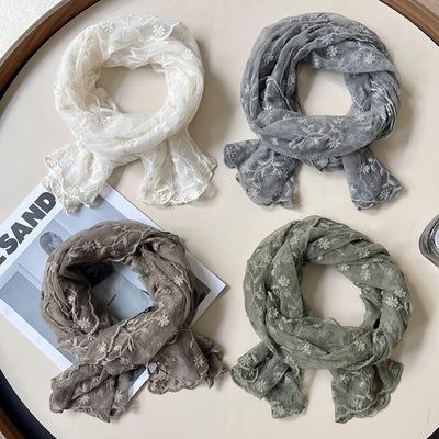 Knitted Scarf Women's New Small Exquisite Heavy Industry Embroidery Lace Embroidery Long Bag Head Scarf Silk Scarf