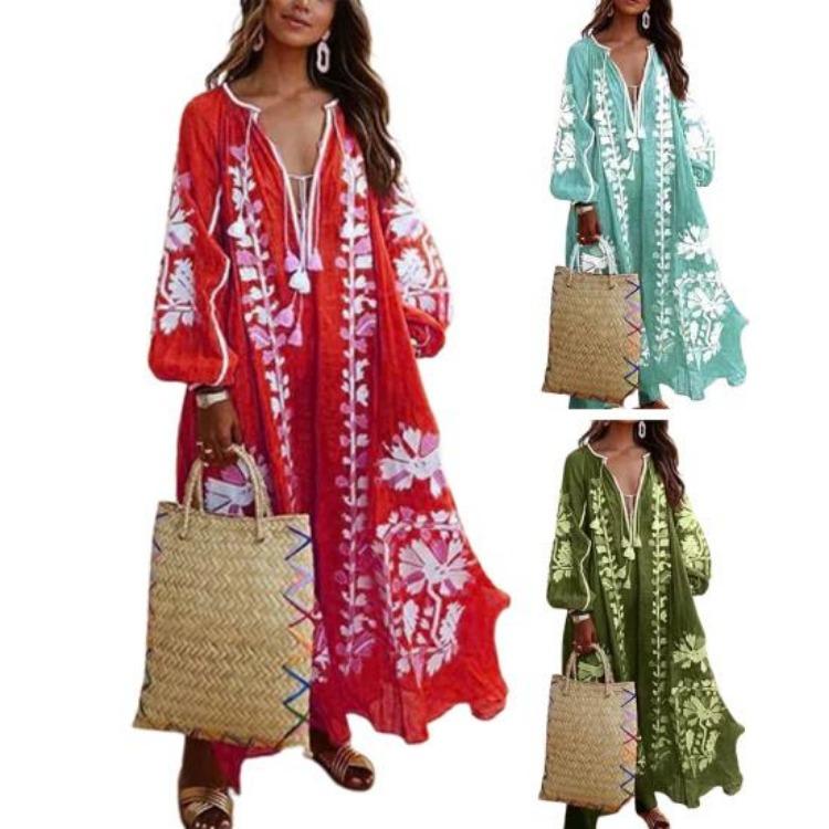 Vestido Maxi de Mujer Bohemio de Verano con Estampado Floral, Cuello en V Profundo, Manga Larga, Oversize, Corte en A, Bajo Fluido, Retro, Vacaciones de Playa, Vestido con Borlas
