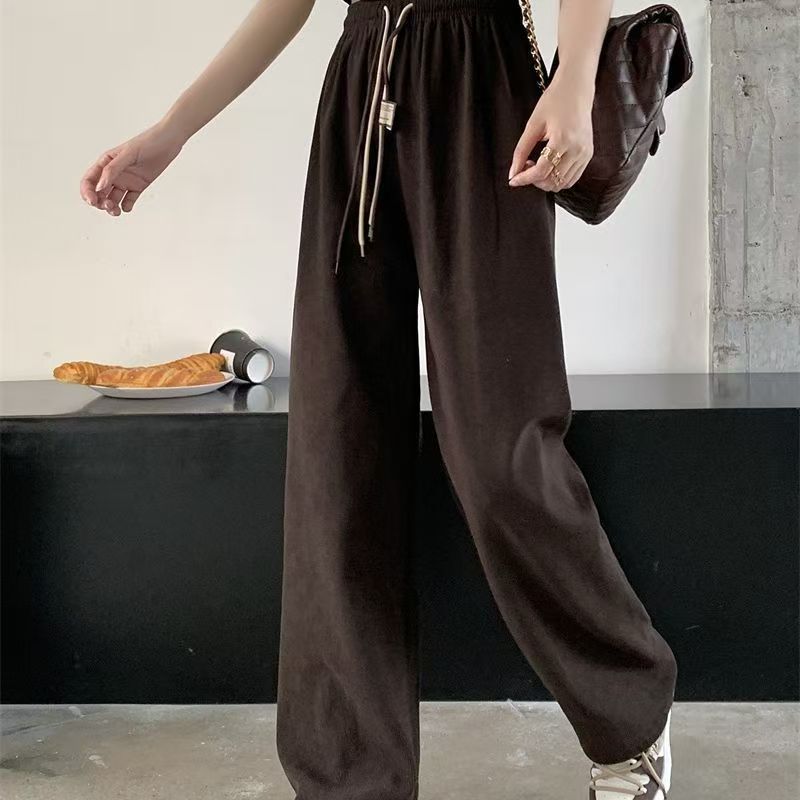 Pantaloni da Donna a Vita Alta Gamba Larga Gamba Dritta Stile da Pendolare Velluto a Coste Ultra Fine Coulisse Doppia Primavera Autunno Larghi Casual Lunghi