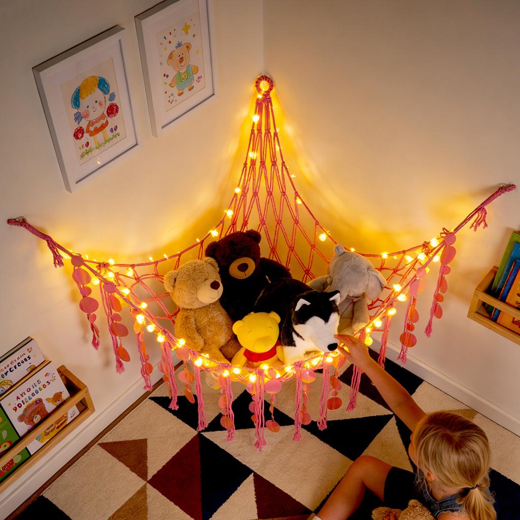 Stuffed Animal Hammock with LED Lights Wall Corner Hanging Plush Toy Storage Net Woven Cotton Rope Kids Nursery Decor