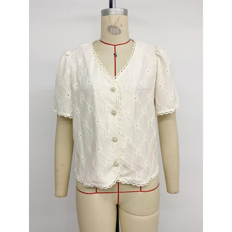 Women S Elegant Lace Spliced V Neck Short Sleeve Jacquard Shirt
