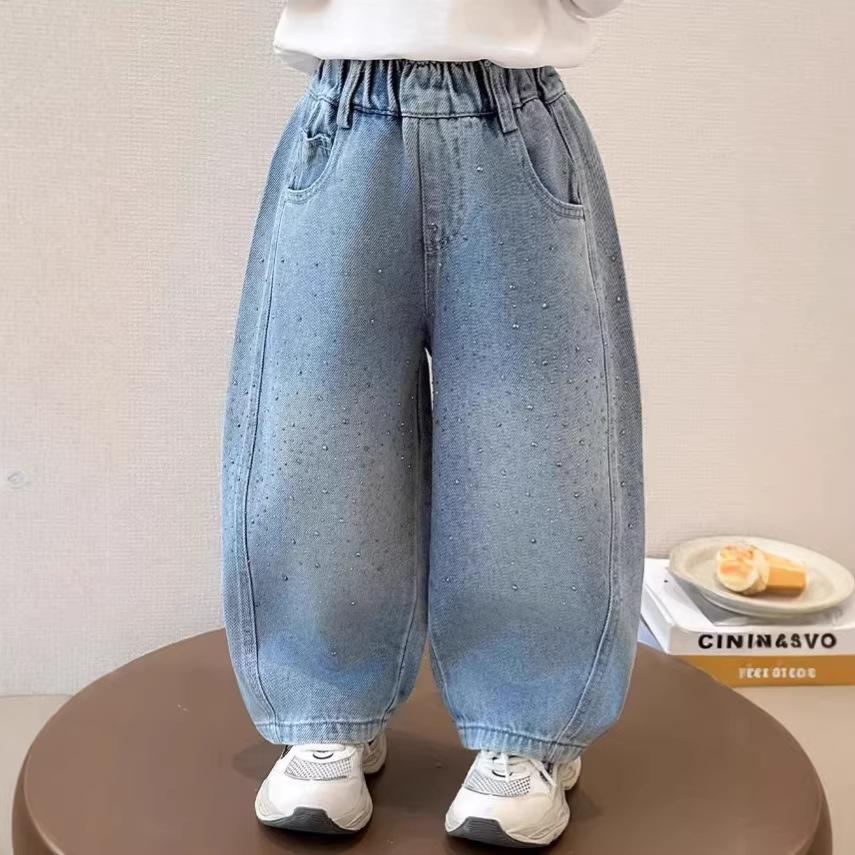 Spring Autumn Kids Girl Jeans Loose Casual Kids Denim Pants with Embellishments Children Girls Shiny Trousers