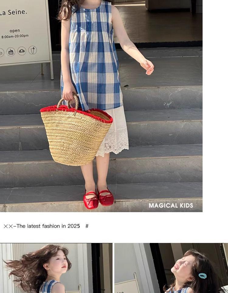 Stylish Plaid Stripe Vest & Lace Hem Top Two-Piece Set for Girls - Summer 2026 Collection