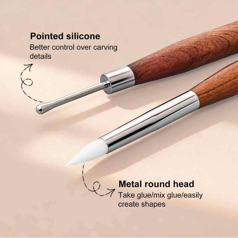 Natural Wood Handle Double Head Nail Art Pen Carving Tool for Comfortable Grip During Nail Design and Decoration