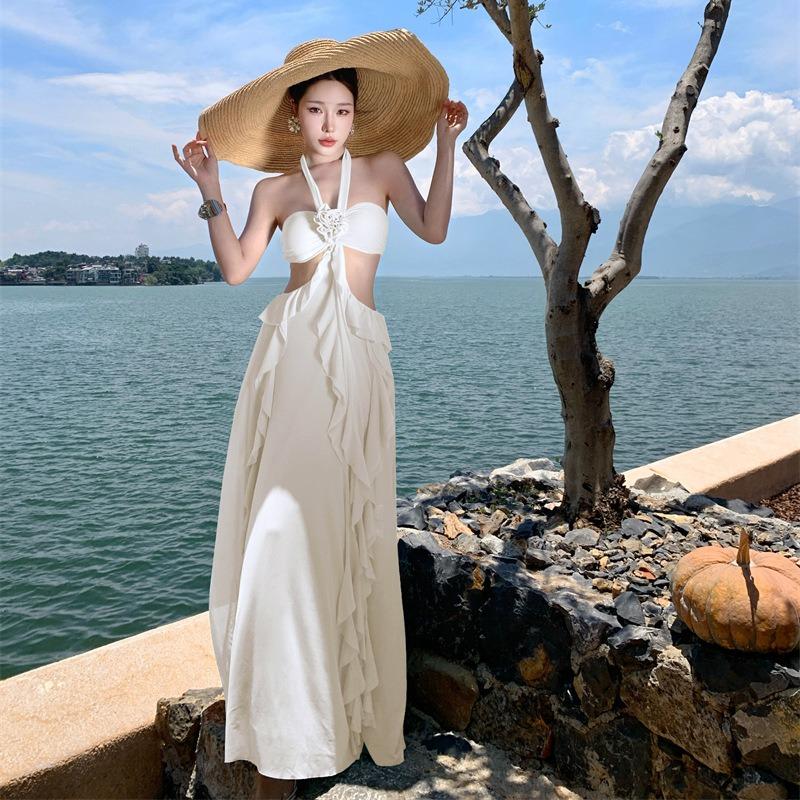 Neck Tube Top Ruffle Leaf Edge Halter Dress Women's Summer New Seaside Vacation Beach Dress