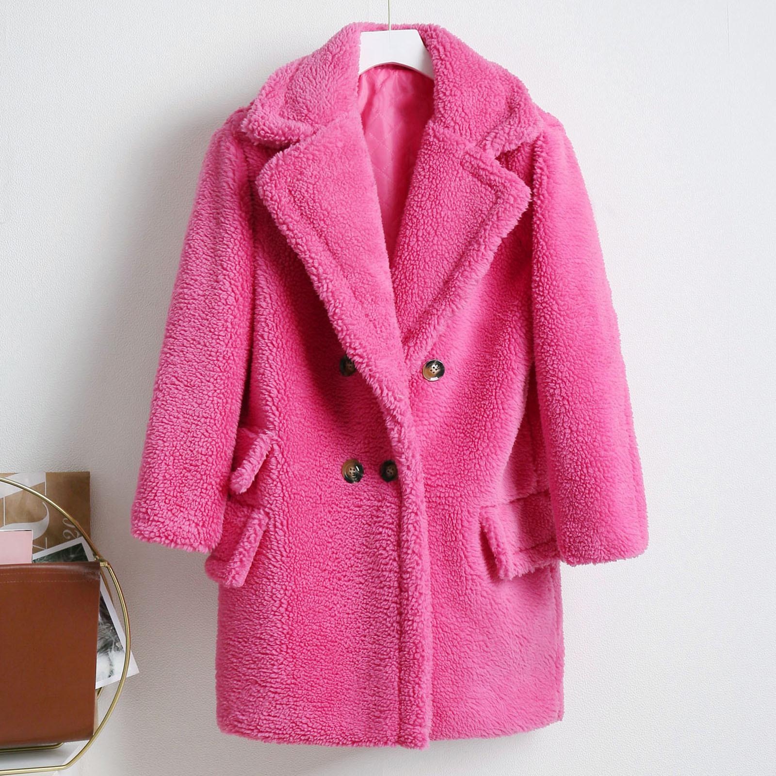 

Fashion Women Solid Medium Turn-Down Collar Warm Plush Coat S гарячі рожевого кольору