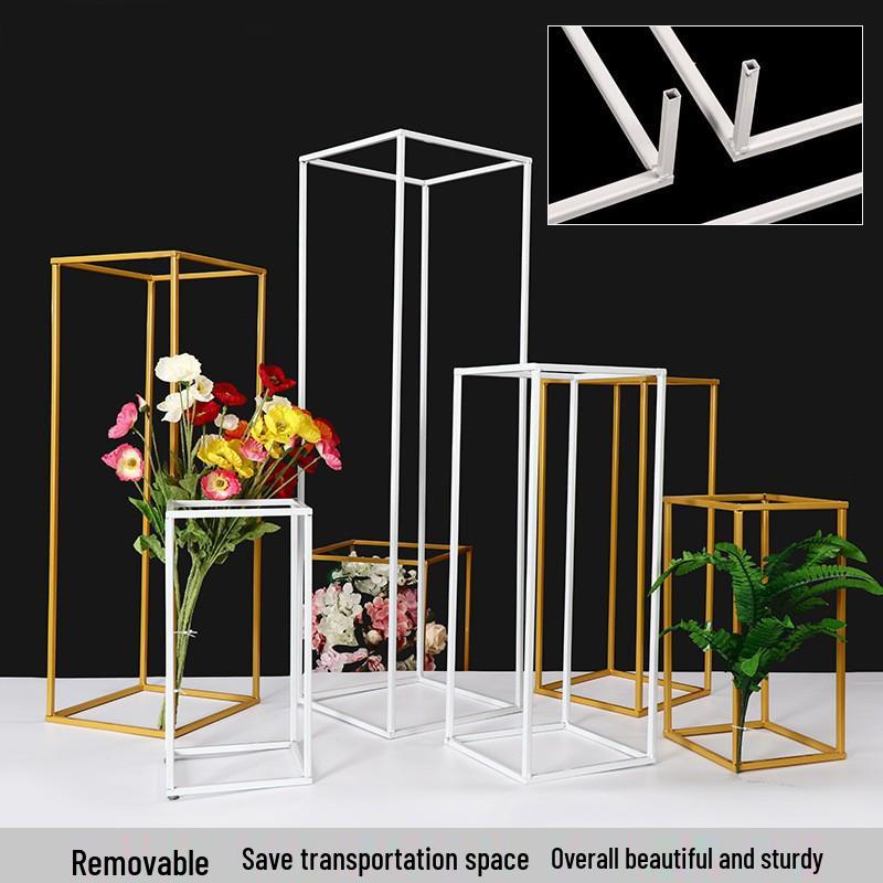 Golden Wrought Iron Wedding Aisle Markers: Square Flower Ball Stand for Wedding Decorations