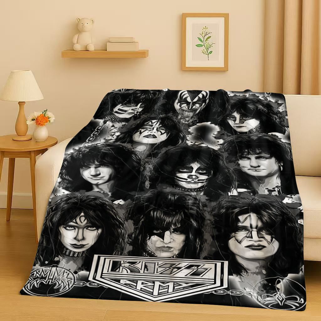 Coperta di Flanella Retro Kiss Rock Heavy Metal Band Gene Simmons, Coperta Morbida Ultra Peluche per Casa Camera da Letto Letto Divano Ufficio