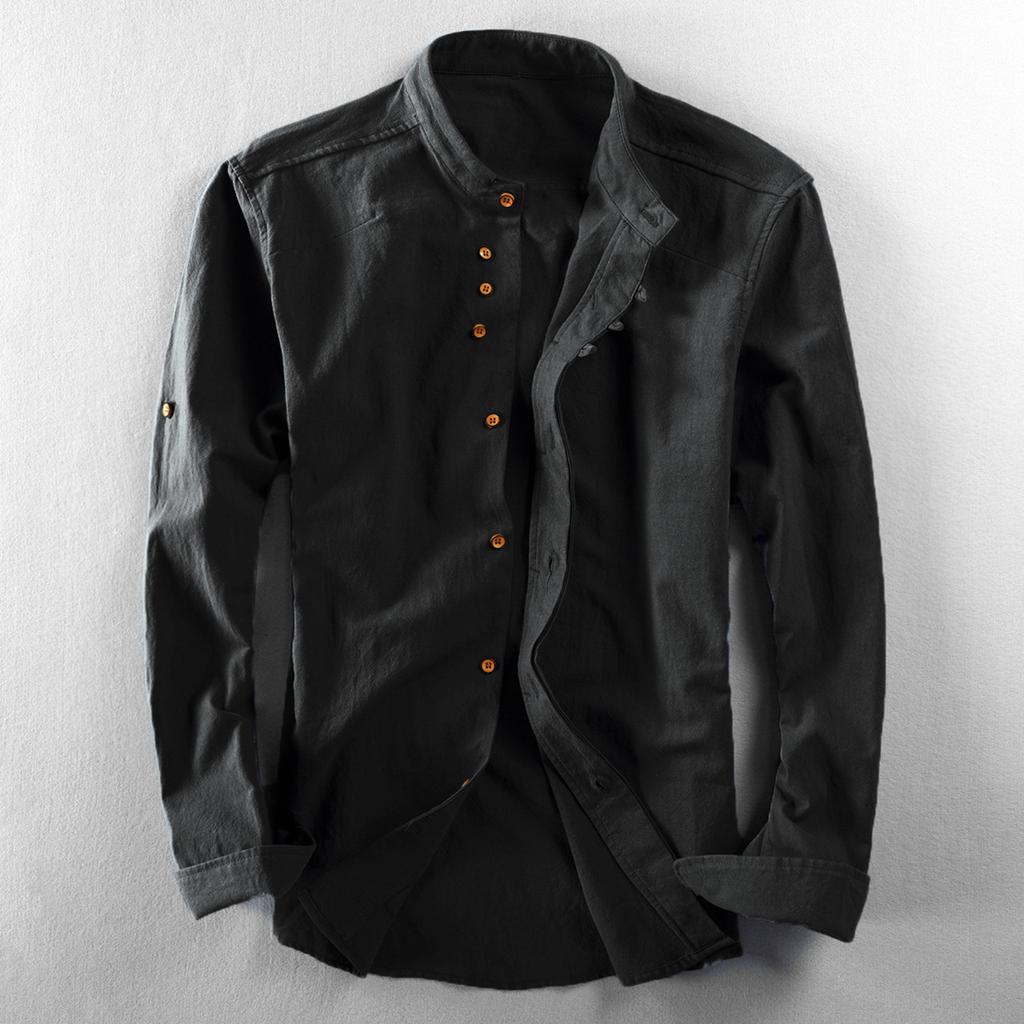 Men's Color Stand Collar Long Sleeve Casual Shirt Cotton Linen Loose Fit