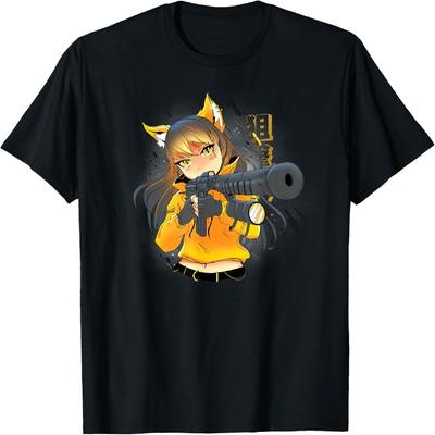 Anime Girl Holding a Gun, Japanese Manga T-Shirt