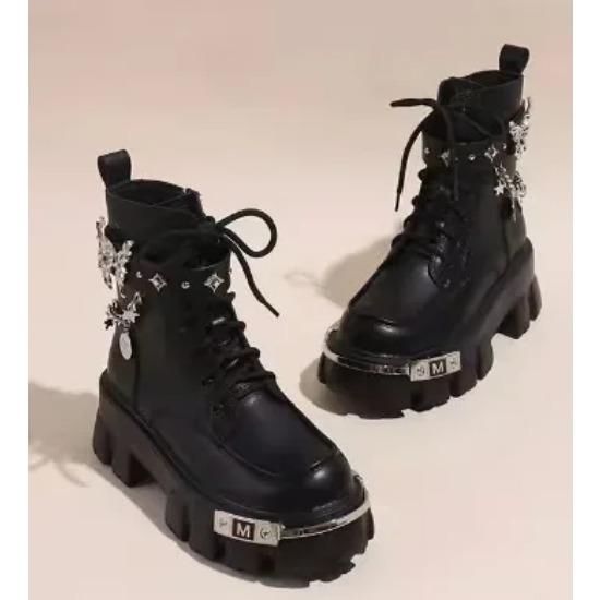 Women Metal Platform Middle Tube New Dark Punk Increased Lace-up Female Lace Up Girl Motorcycle Boots