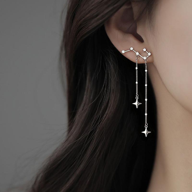 JWER Romantic French Silver Color Asymmetric Star Long Tassel Korean Fashion Zircon Drop Earring For Girl Women Birthday Gifts