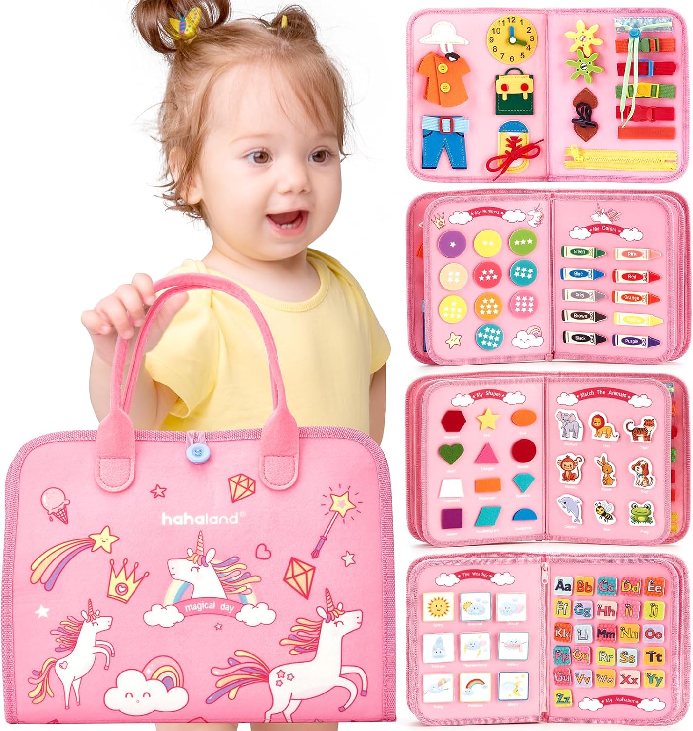 

Busy Board Montessori Toys 3 Year Old Girl Gifts Bithday Gift Preschool Learning Activities Christmas Toddler Stocking Stuffers Gifts A - Unicorns - 8 Pages