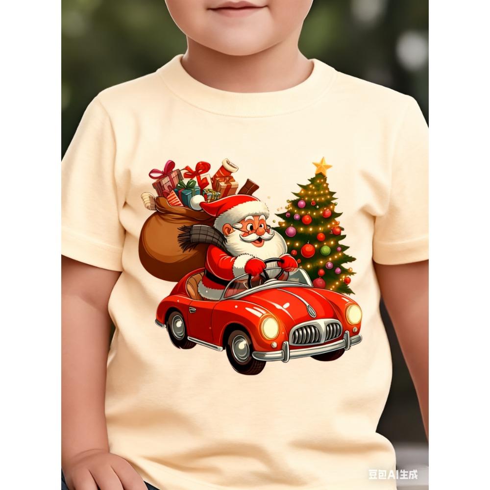 Boys' Christmas & Summer Short Sleeve T-Shirt Santa Claus Cartoon Print Christmas Girl's T-shirt Tops