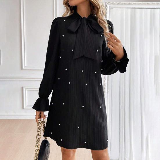 Women Dress Lace-up Bow Faux Pearl A-line Puff Sleeves Pure Color Above Knee Length Mini Dress Prom Party Dating Short Dress