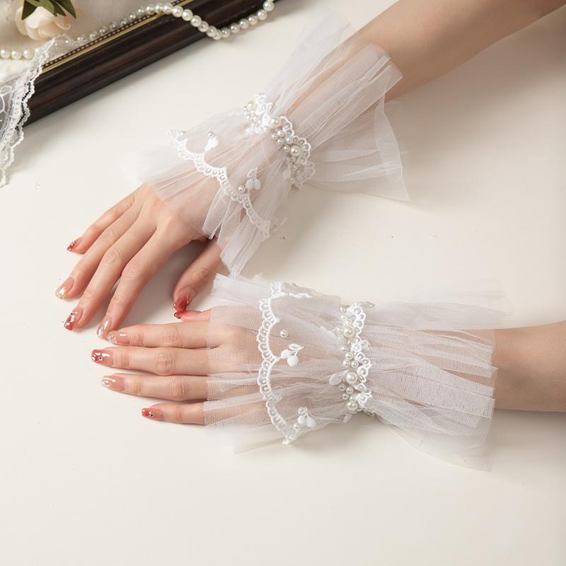 Beautiful Mesh Pearl Short Bridal Dress Lace Fake Sleeves Wedding Decoration Cuffs Pography Props Accessories
