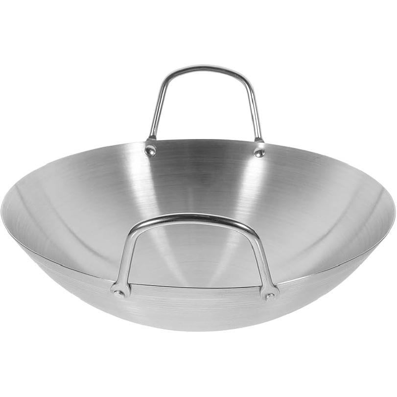 STOBOK Pots Wok Pan 28cm Double Handle Wok Stainless Steel Fry Pan Large Capacity Saute Pan Round Bottom Multipurpose Stewpot Skillet Works for Gas 26x26cm