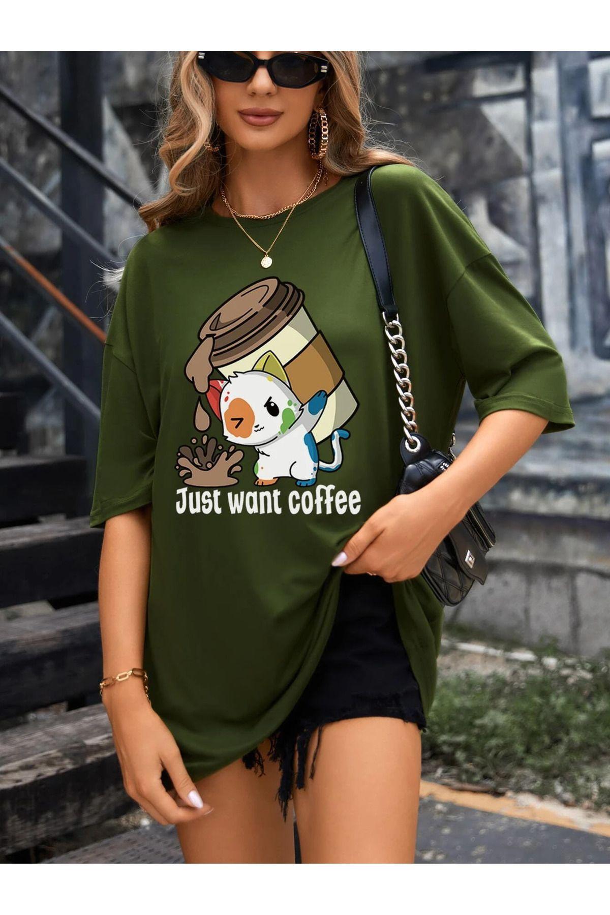 

Women s Style Big Size T-Shirt Just Want Coffee Printed T-Shirt Plus Size 2XL