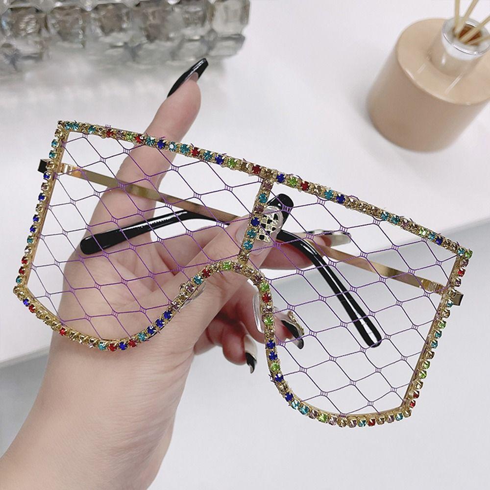 Vintage Oversized Rhinestone Mesh Glasses Colorful Diamond Sunglasses Hollow Out Glasses For Women