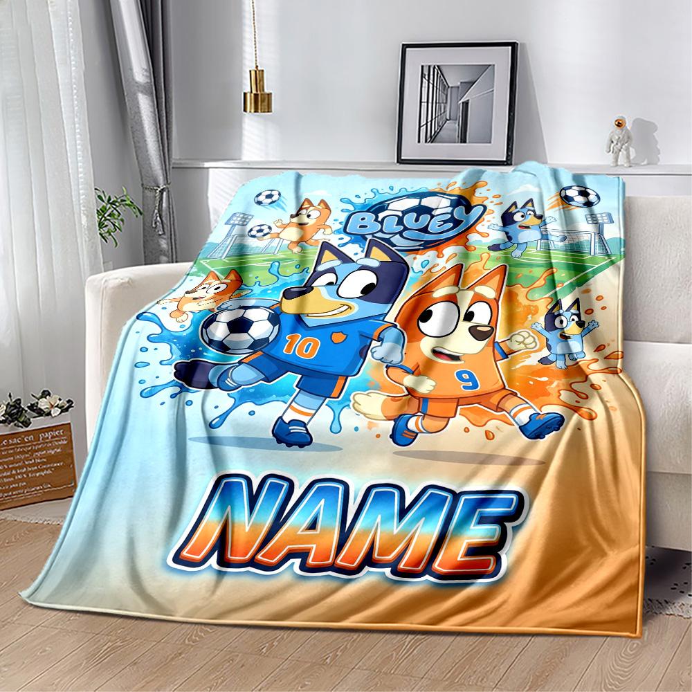 Bluey's Soccer Fun Personalized Name Blanket Cozy Customizable Blanket Ultra-Soft Versatile for Home Decor Chair Office Livingroom for All Occasions