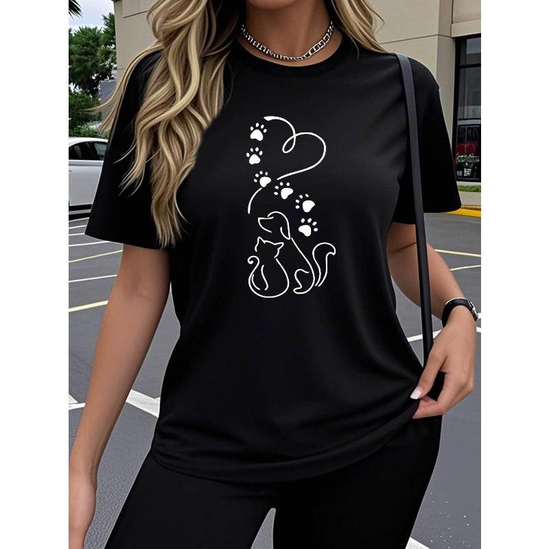 

European Size Single-Piece Women S Short Sleeve T-Shirt | Trendy Art Cat and Dog Print, Breathable High-Stretch Crew Neck 4XL чорний