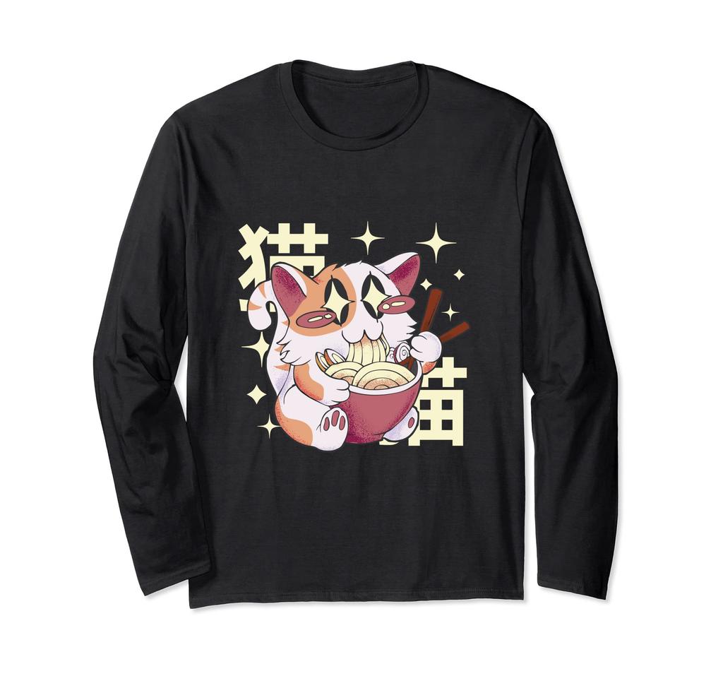 Cute Cat Eating Ramen Japanese Pattern Long Sleeve T-Shirt