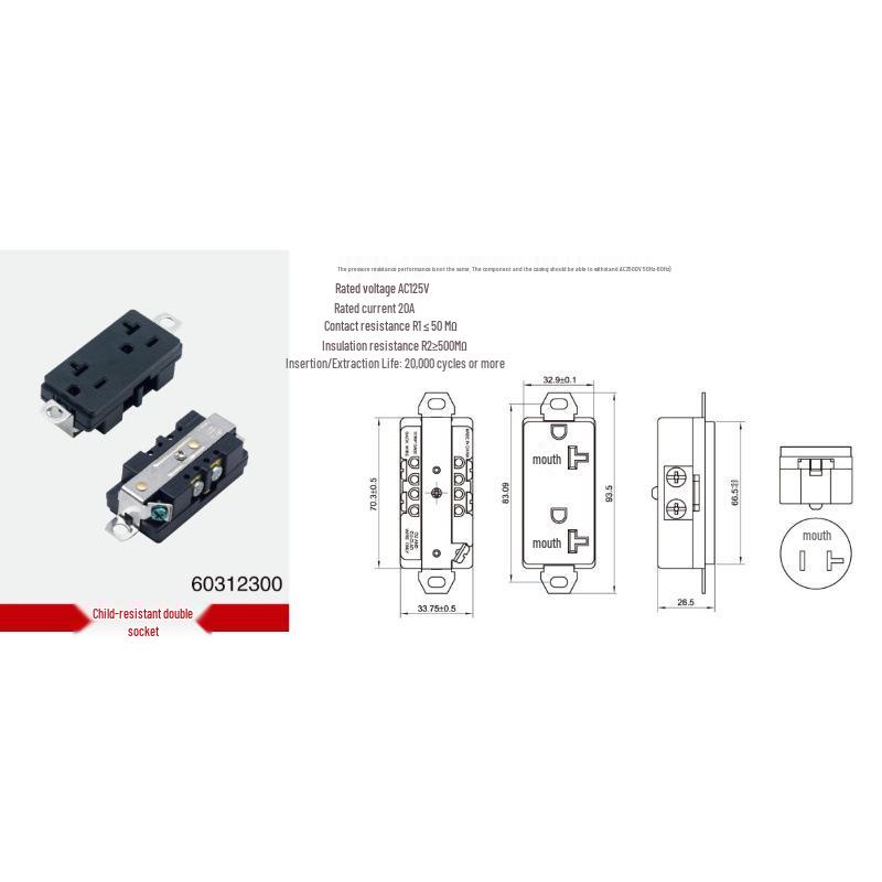 XIONGDA Industrial Child Safety 6-Hole Double 20A 125V American Socket
