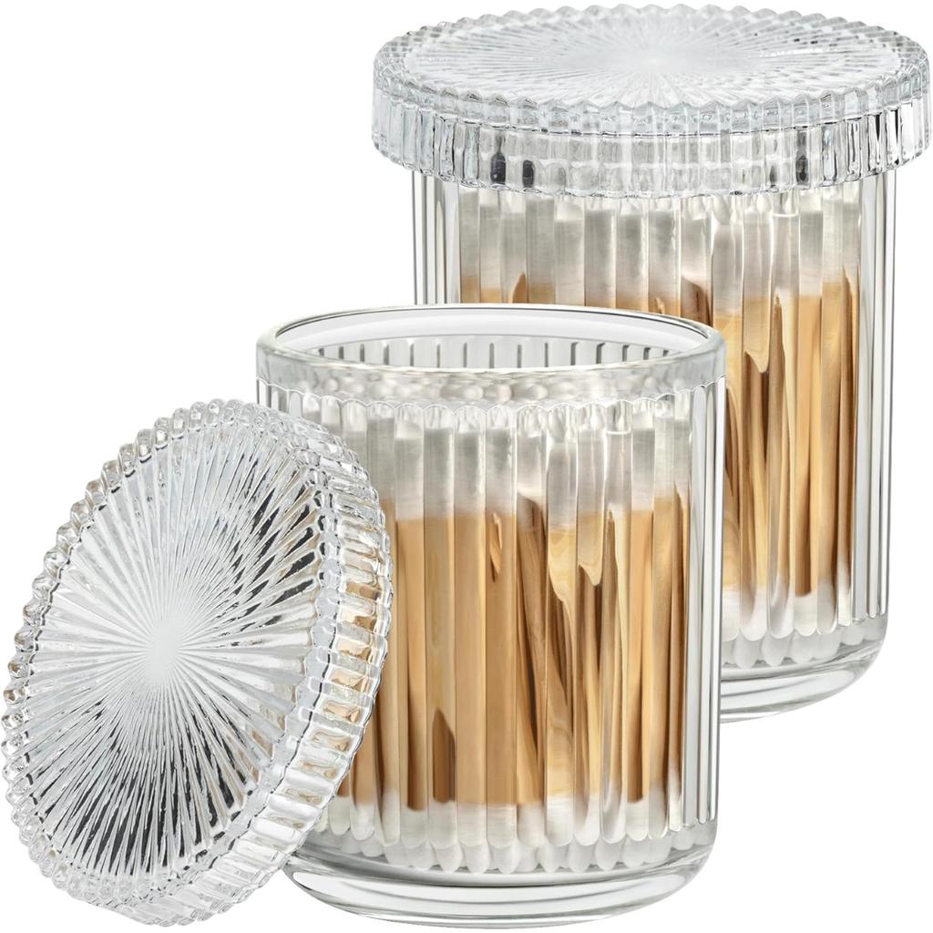 1 Packung Glas-Wattestäbchenhalter Spender Set Badezimmer-Organizer für Wattestäbchen Wattepads Klare Gläser Make-up-Aufbewahrung Badezimmerzubehör