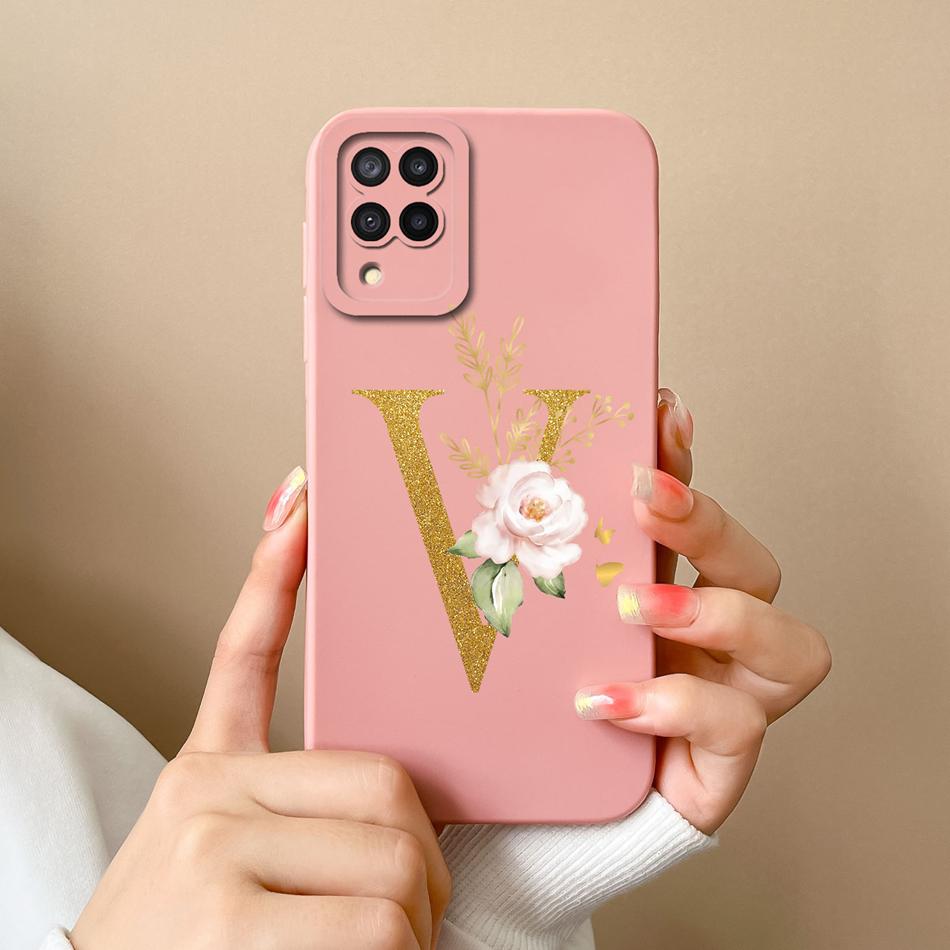 Elegant Case For Samsung M22 M32 4G 5G Rose Letter Phone Shell Lens Protective Cover For Galaxy M32 M22 Liquid Silicone Bumper