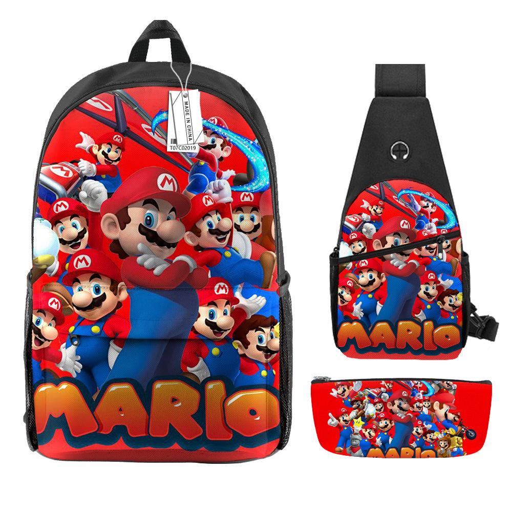 Animation Backpack, Super Mary Primary School Student Print Children S Backpack Satchel Pencil Case Three-Piece Set Three piece backpack set