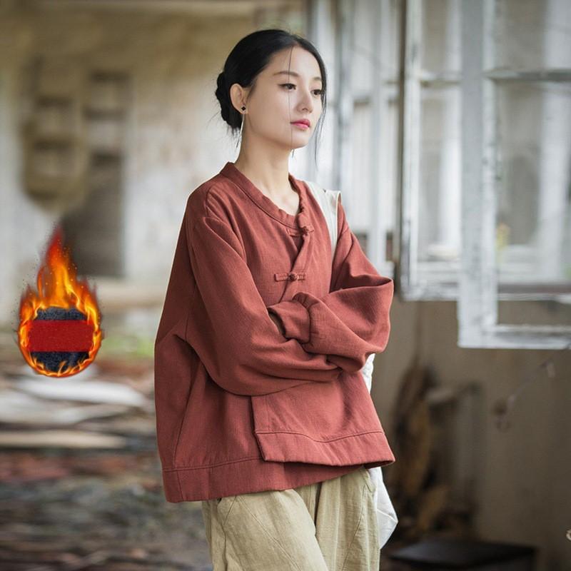 Johnature Women Chinese Style O-Neck Long Sleeve Warm Cloths Winter Solid Color Loose Tops