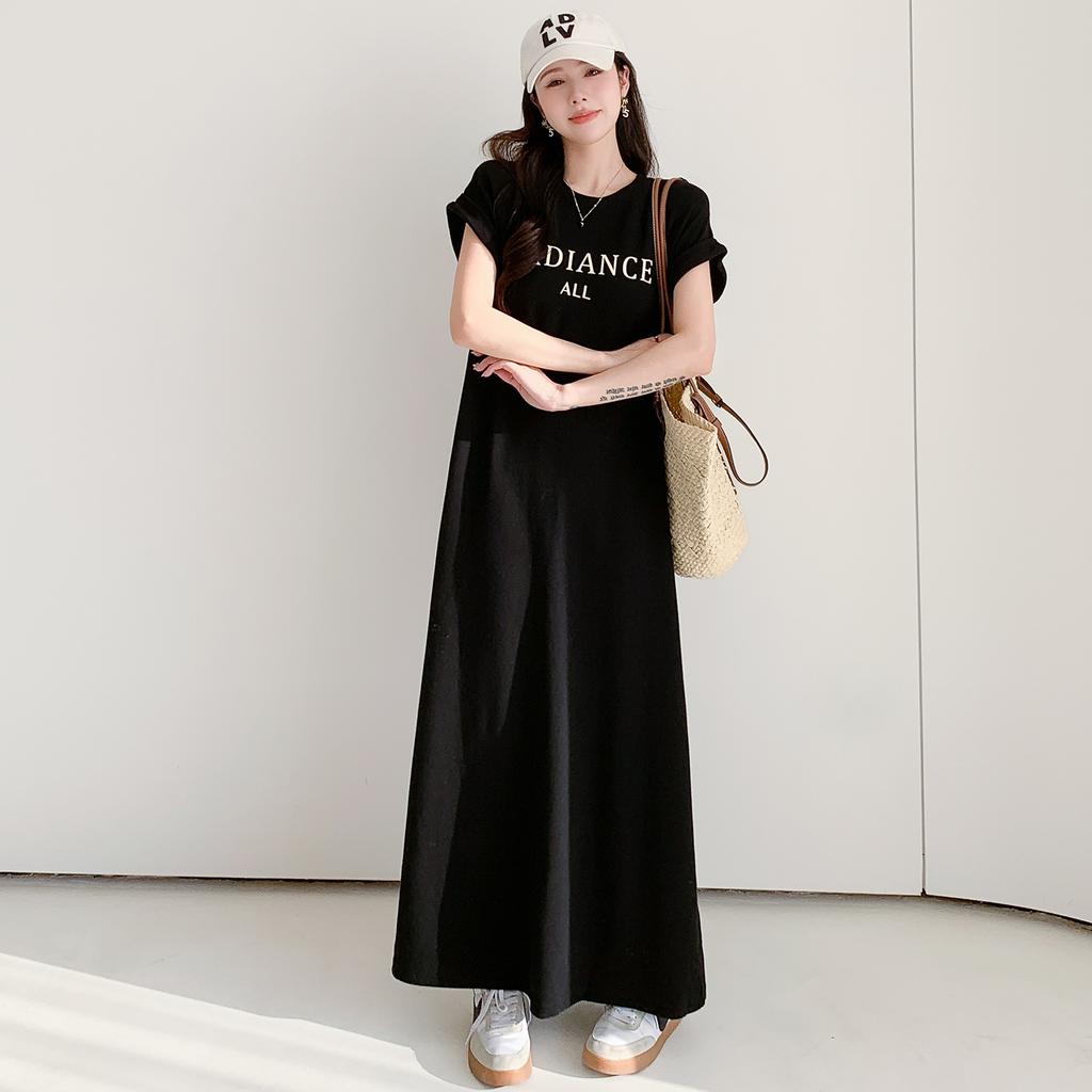 MODIQUE Summer Plus Size Women Loose Versatile Minimalist A-Line Letters Print T-Shirt Long Dress Female Casual Solid Color Short Sleeve O-Neck Dress