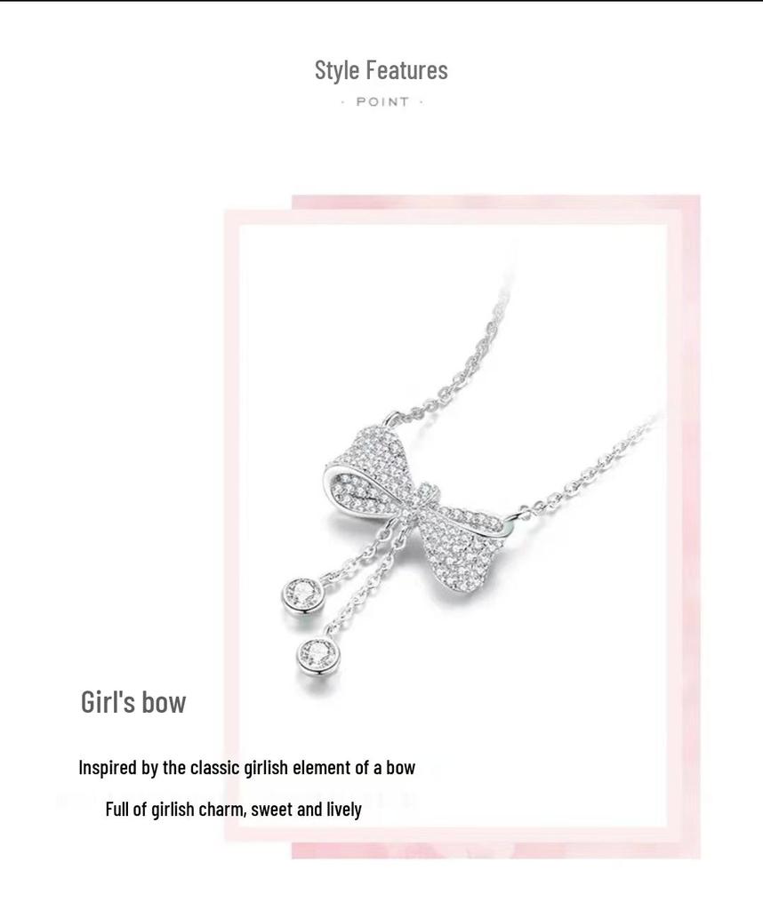 Exquisite S925 Sterling Silver Bow Tassel Pendant Clavicle Necklace for Women