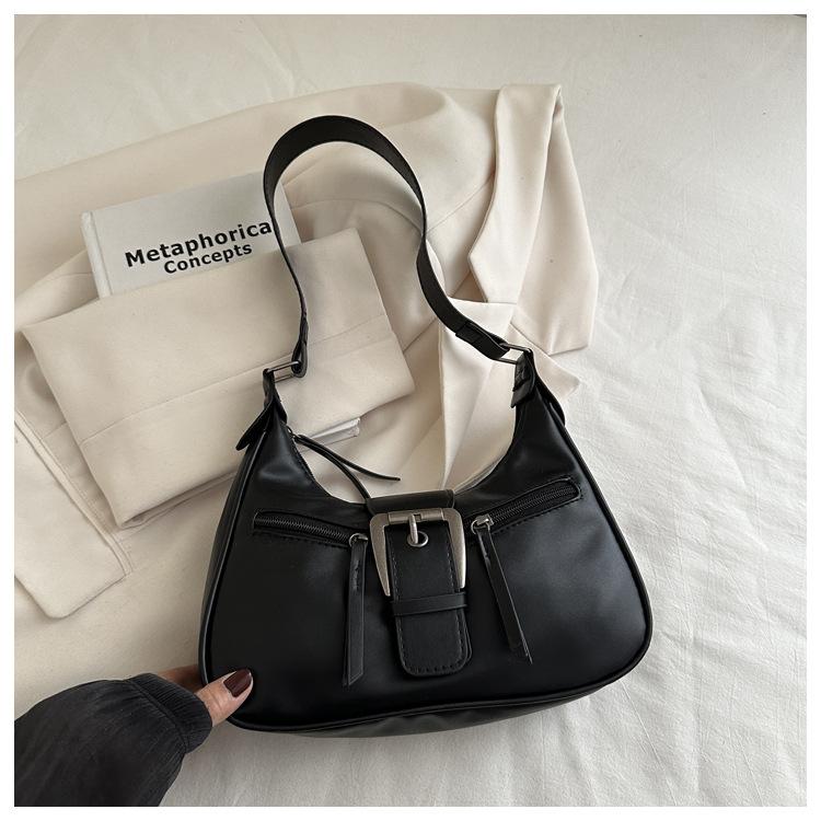 Popular bag women's 2026 new fashionable retro texture single shoulder underarm bag leather buckle crossbody crescent bag