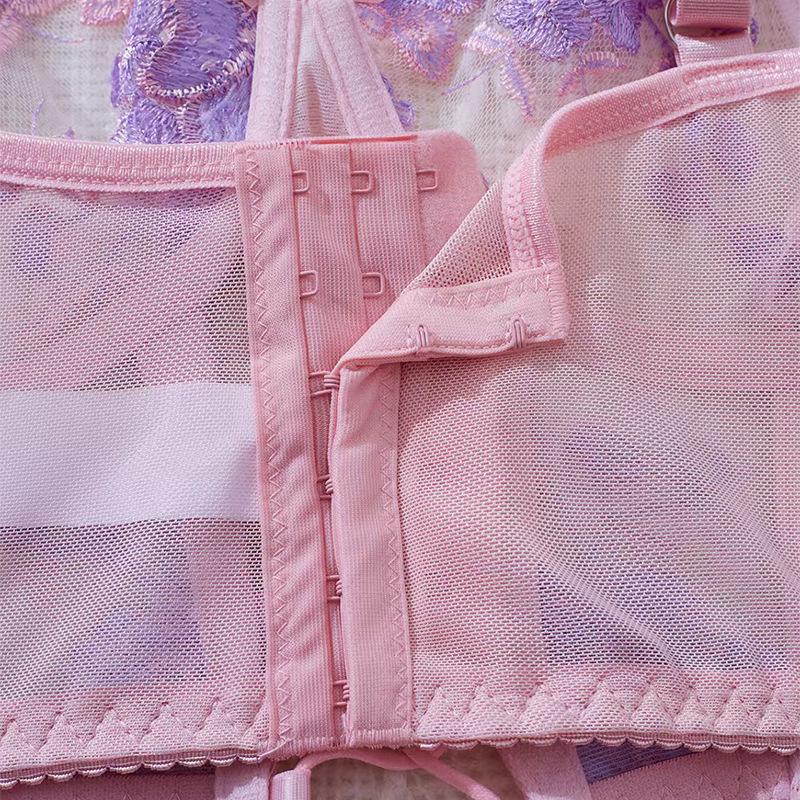 European & American Floral Lace Strappy Lingerie Set - Pink & Purple Push-Up Mesh