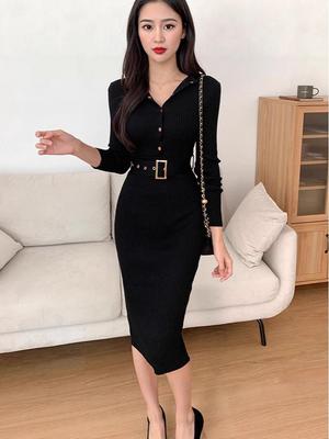 Korean Chic Slim Knit Dress: Long Sleeve, Round Neck, Single-Breasted, Hip Wrap Skirt with Belt.