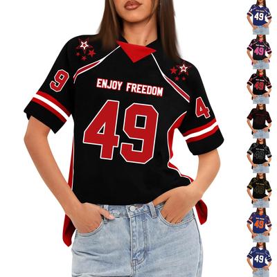 Women's Oversized Short Sleeve Mesh Football Jerseys Shirt V Neck Graphic Top Tee