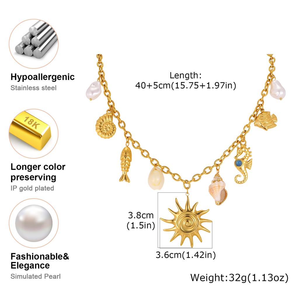 Summer Ocean Series Conch Shell Seahorse Fish Sun Necklace for Women, 18K Gold Plated Stainless Steel Charm Jewelry Gifts