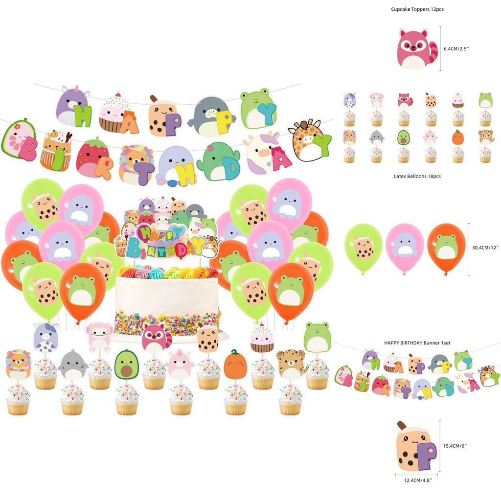 Sada párty potřeb Squishmallows k narozeninám s ozdobou na dort, balónky a bannerem, ideální pro děti