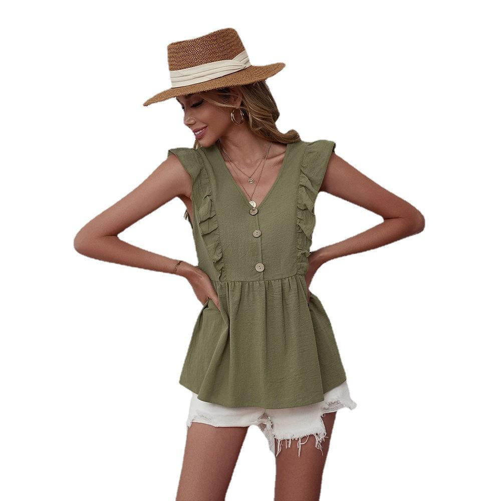 Women's Loose Casual Ruffle V-Neck Sleeveless Lady Shirt Vest Top