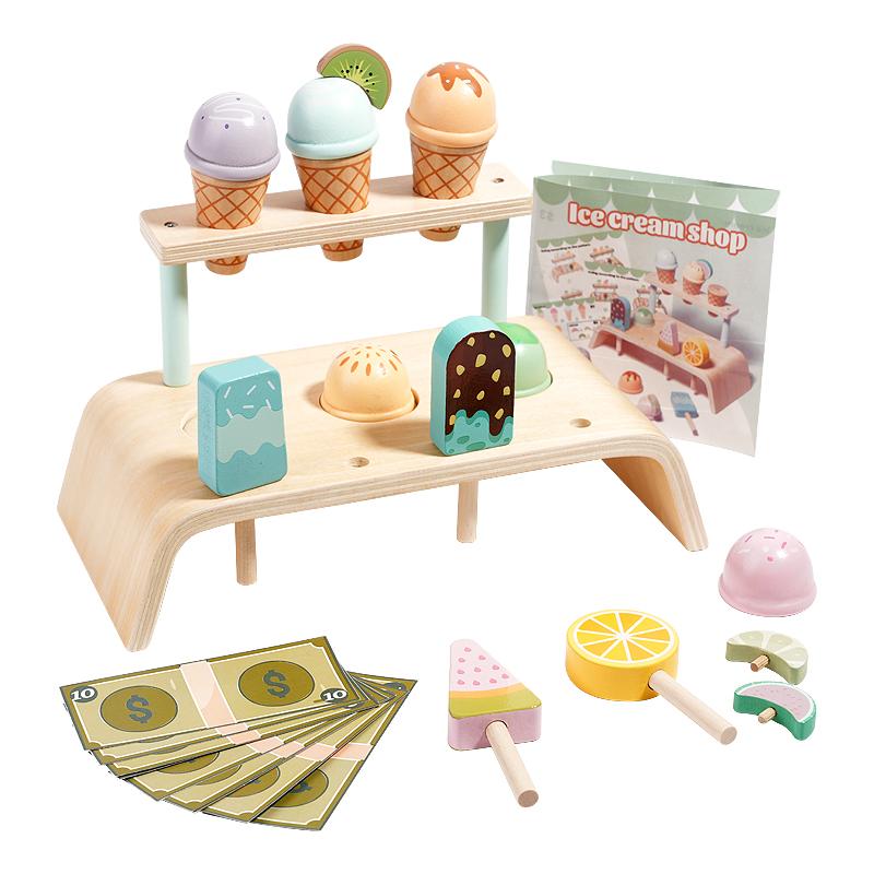 Wooden Ice Cream Counter Playset for Toddler Toys, Montessori Pretend Play Food Toys Kitchen Accessories