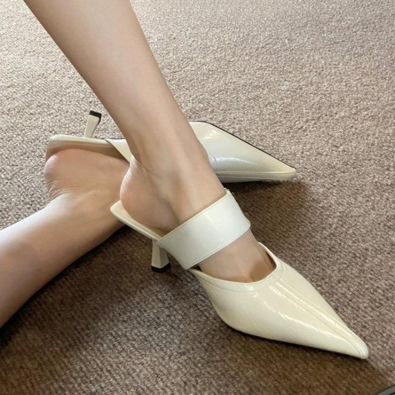 

French Ladies Style Pointed Toe Stiletto Slippers Women s Shallow Mouth Non-slip Temperament Stiletto Baotou High Heels 41 бежевий