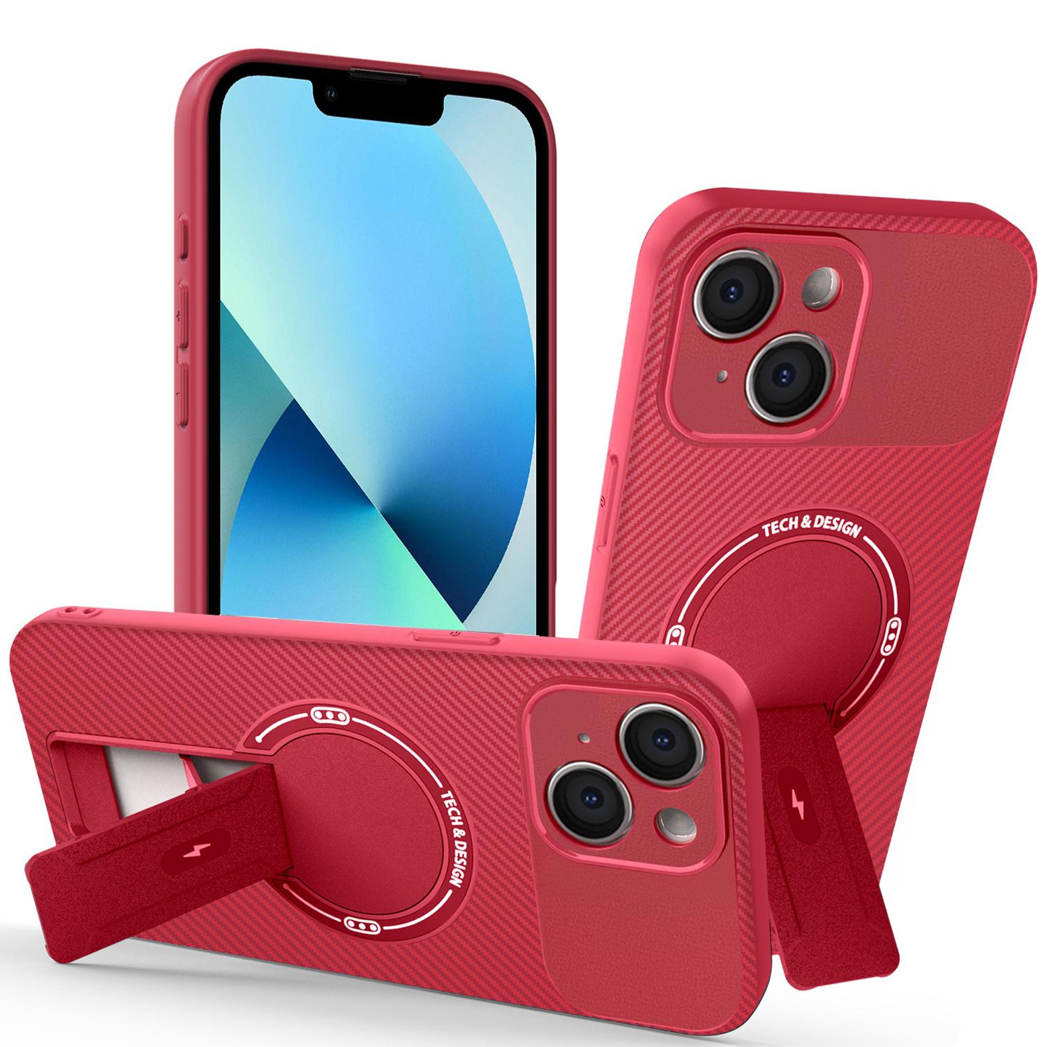 

For iPhone 13 Case with Kickstand Carbon Fiber Texture PC+TPU Phone Cover Red