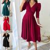 V-Neck Puff Sleeve Swing Dress with Gathered Waist