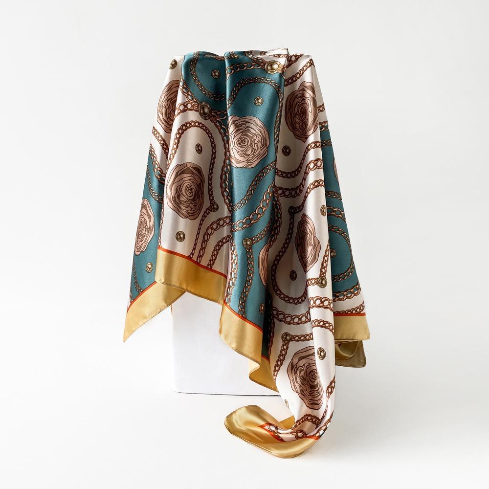 Square Scarf for Women's Imitation Silk Scarf Mother Gift Satin Color Tick Scarf Digital Printing Breathable Versatile Sun Protection