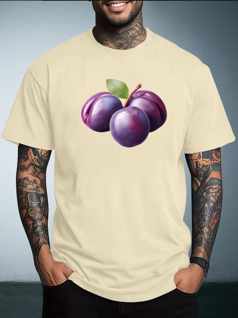 Unisex Summer White Short Sleeve Tee Fresh Purple Plum Fruit Leaf Graphic Print Crew Neck Loose Daily Casual Male Fashion Tops