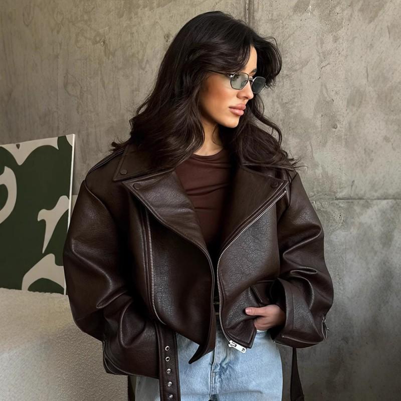 Womens Brown Faux Leather Jacket Turn-down Collar Short Belted Trendy INS Style