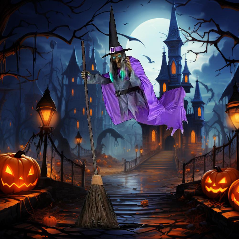 Halloween Props Flying Witch Decoration with Scary Sounds and Lights Halloween Flying Witch Decor for Balcony Entry Themed Party