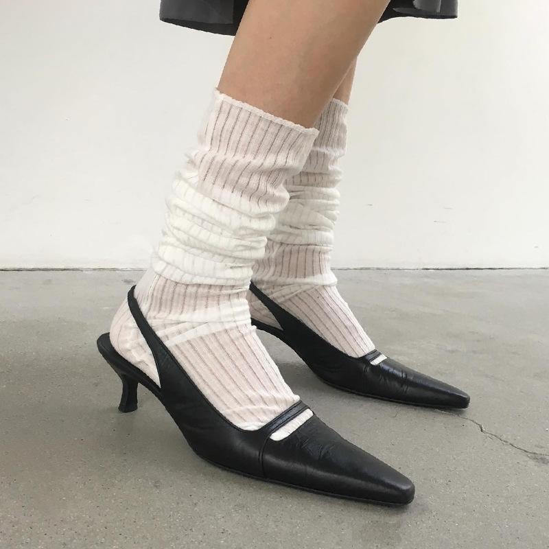 Sheepskin version Korean version niche retro rear empty single shoes versatile stiletto high heel kitten and simple leather square head sandals